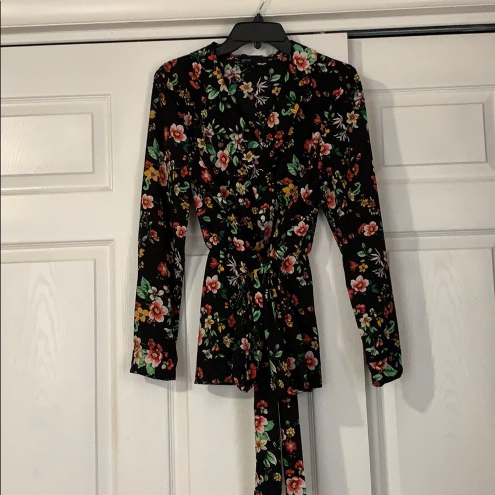 Pink floral wrap top